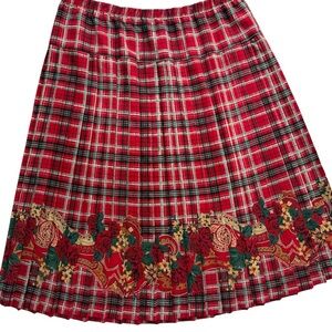 Vtg Tartan Plaid Floral Pleated A-Line Midi Skirt Size 18 Red Union Made 80s